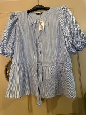 Women’s Blue & White Striped Tie-Front Peplum Top